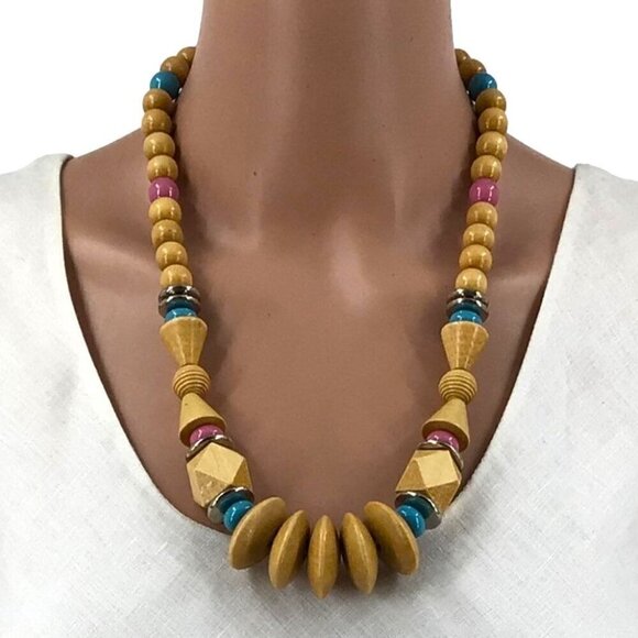 Boho Beaded Necklace Wood Beads Blue Pink Brown 24 Inch Length - Picture 1 of 2